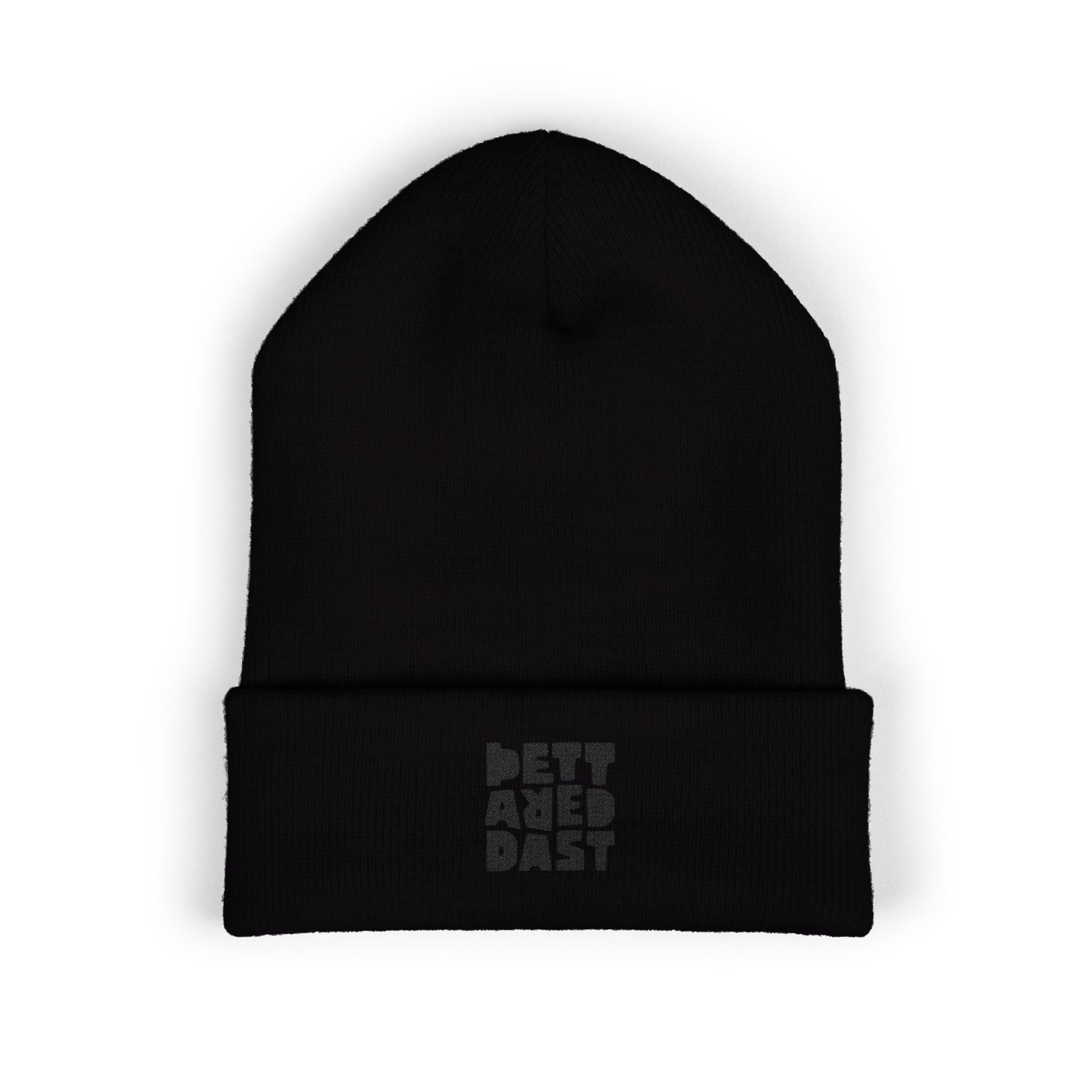 The Embroidered Cuffed Beanie by Printify is a black knit hat with a folded brim, crafted from hypoallergenic acrylic, featuring subtle "Pet Area Baby" embroidery on the front.