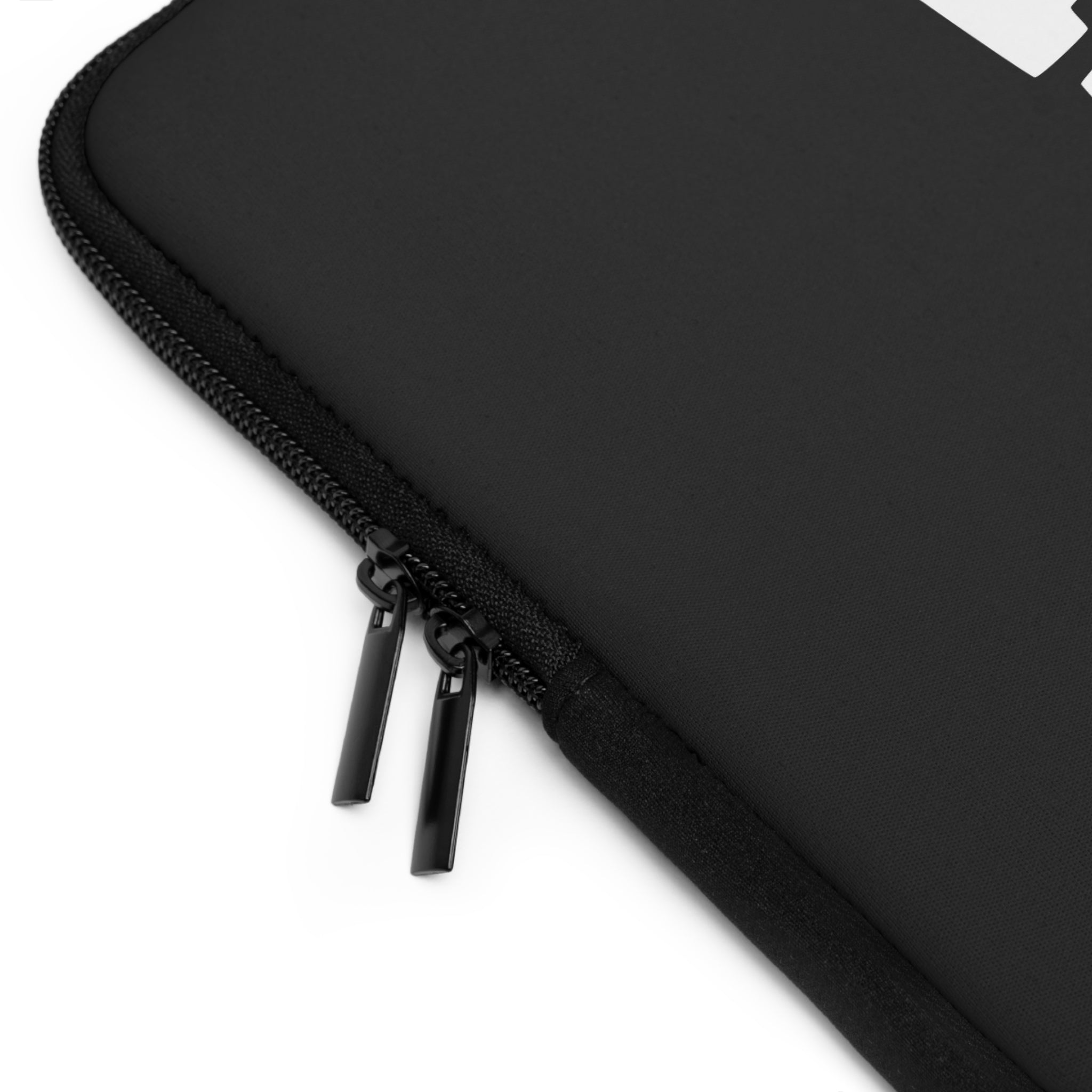 Close-up of the black Printify "Copy of Copy of Laptop Sleeve"—a water-resistant zippered case with two metal pulls, shown on a white background.