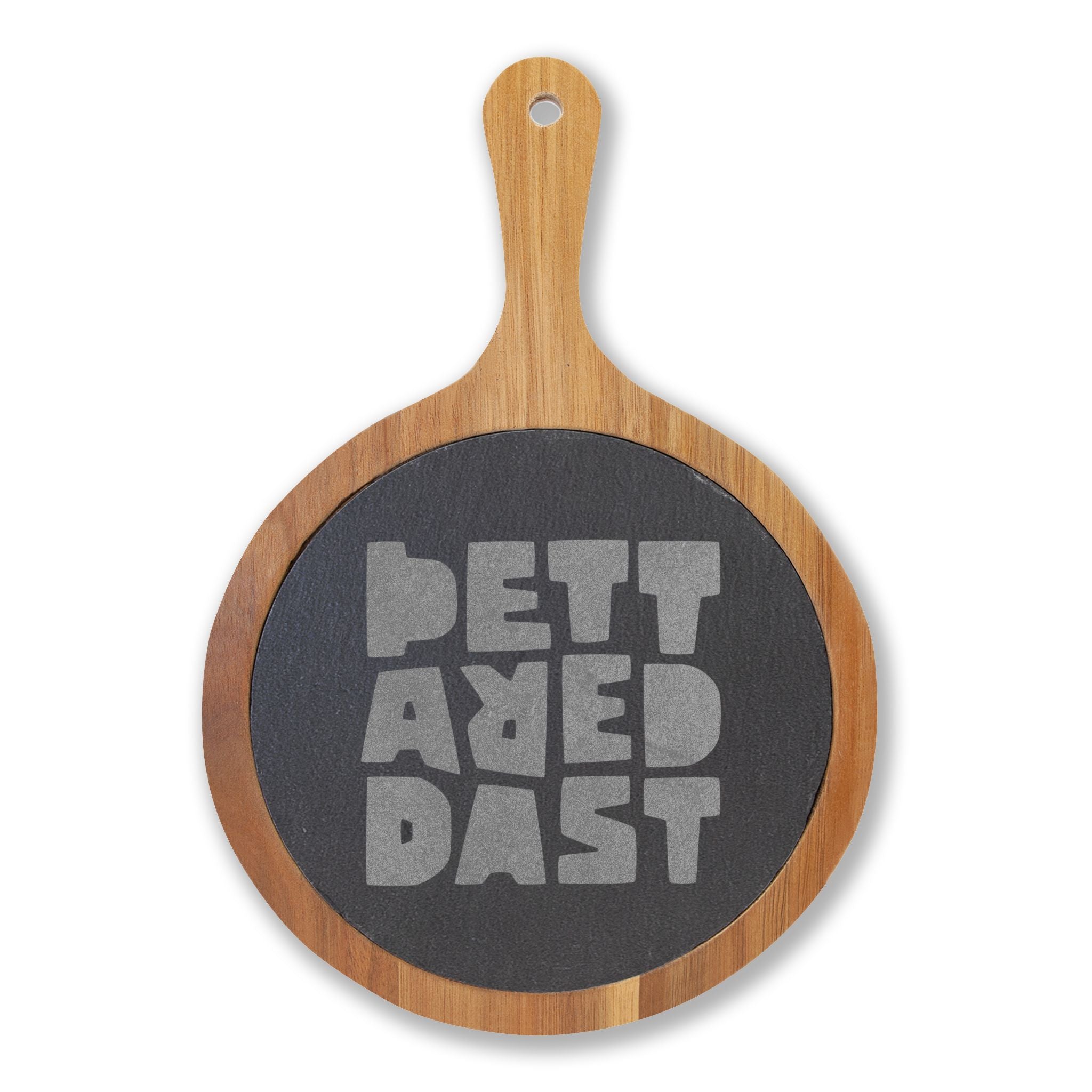 The Printify Charcuterie Board (Engraving) features a round acacia wood design with a black slate center engraved with "BETTER BREAD" in bold, blocky gray letters.
