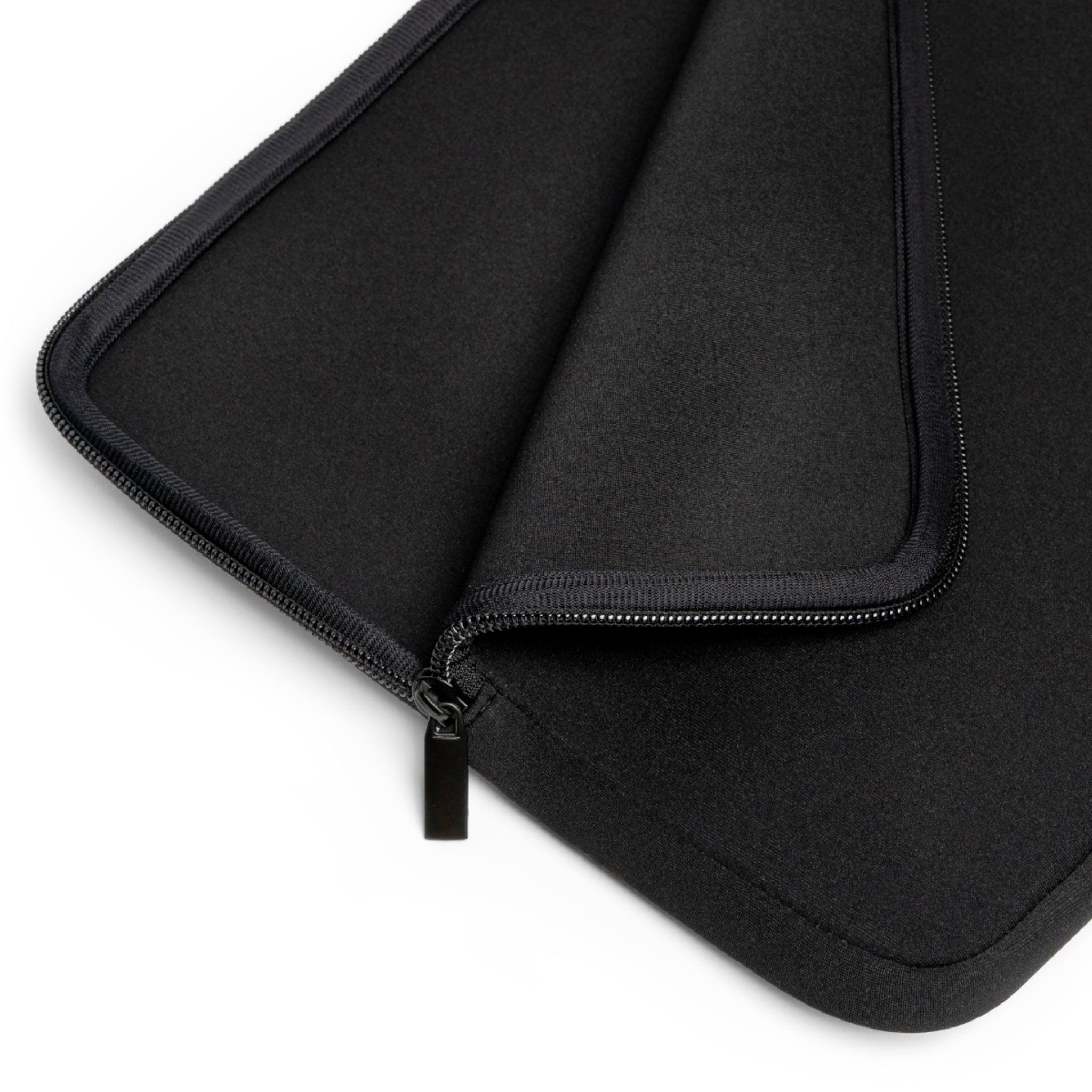 A close-up of the Printify "Copy of Copy of Laptop Sleeve" in black, partially open to reveal its water-resistant, durable material and detailed zipper.