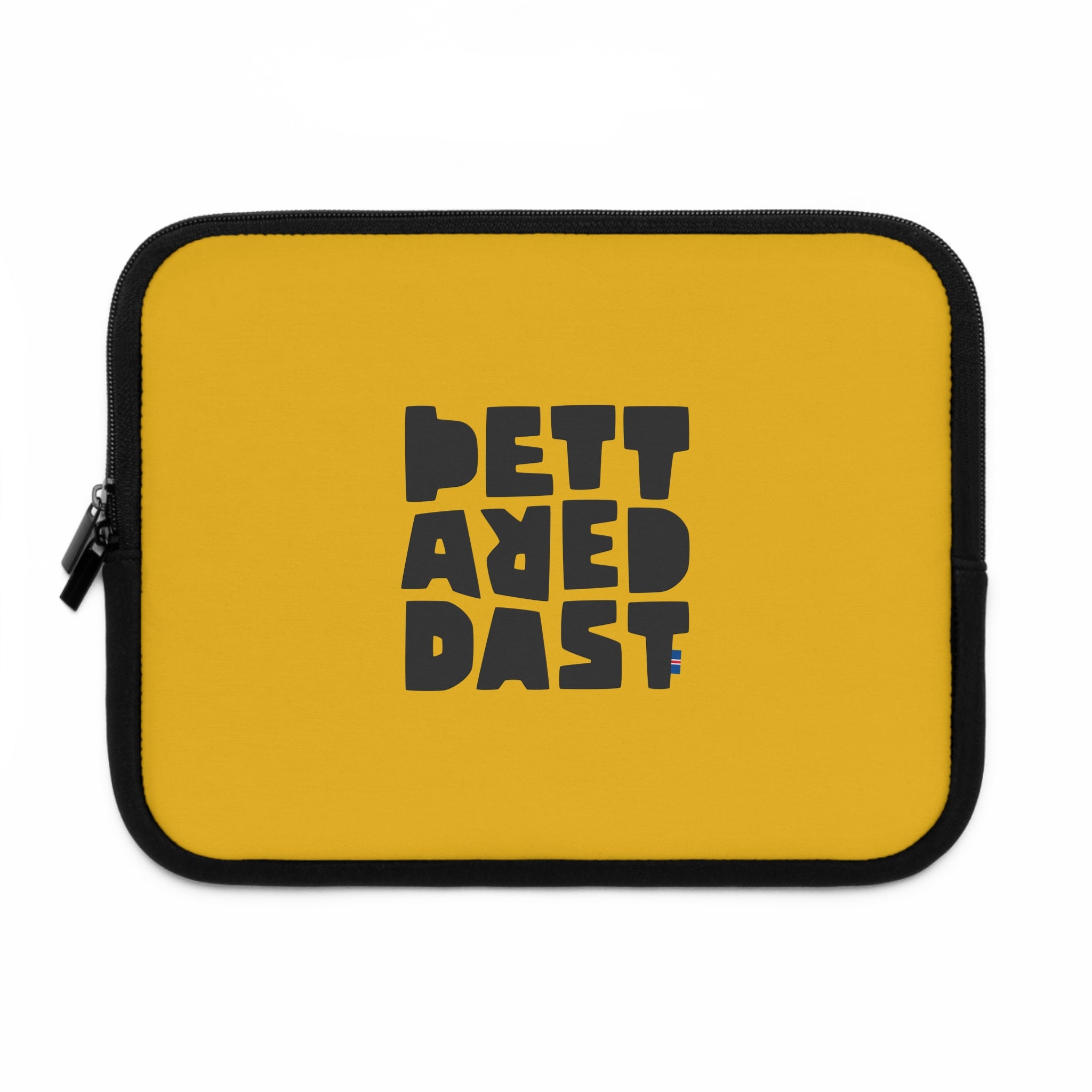 The Copy of Laptop Sleeve by Printify is a yellow, water-resistant case with a zipper, black trim, and bold black text in the center reading "BETTERED PAST.
