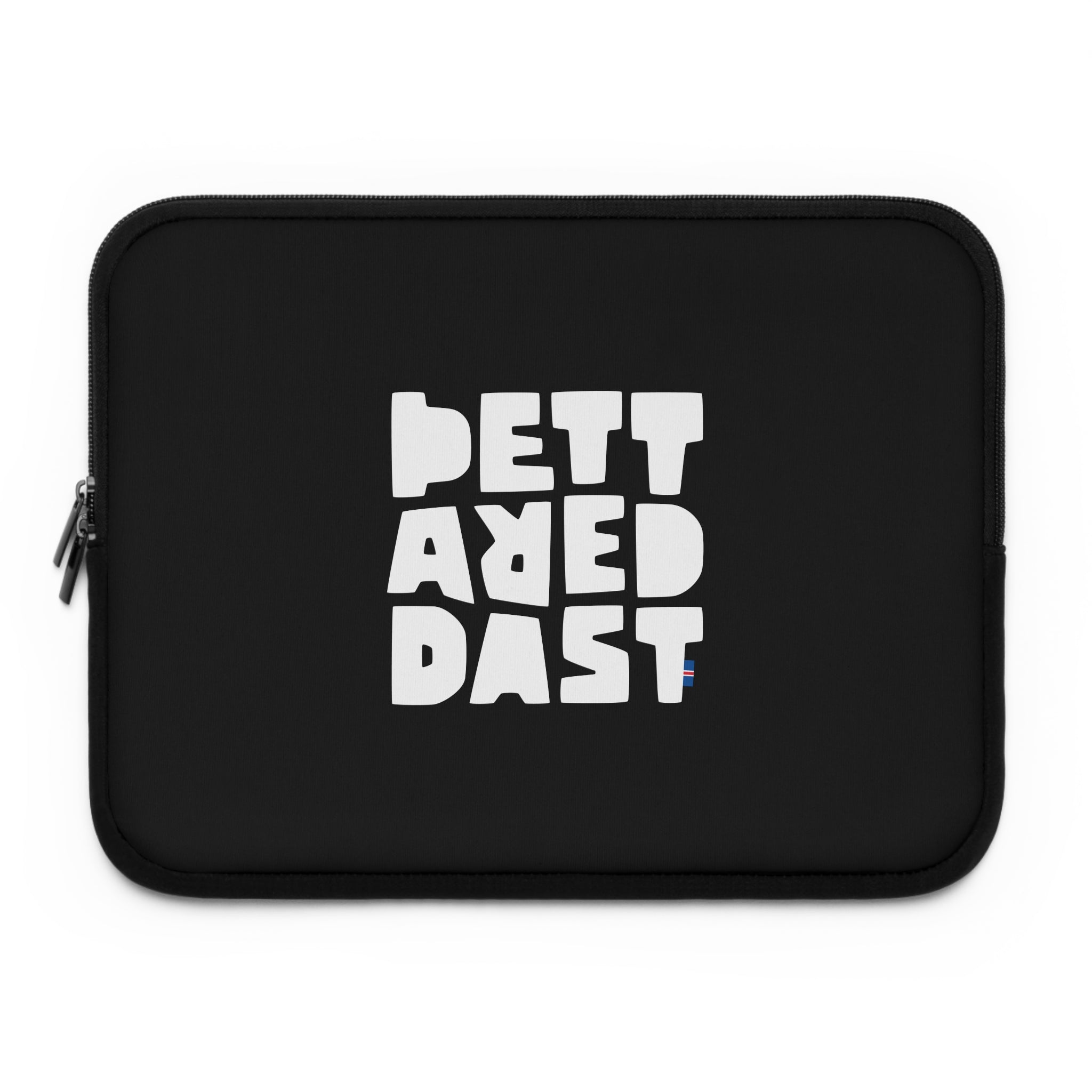 A black, water-resistant "Copy of Copy of Laptop Sleeve" by Printify, featuring a zippered closure and "BETTA RED DAST" boldly printed in white block letters on the front.