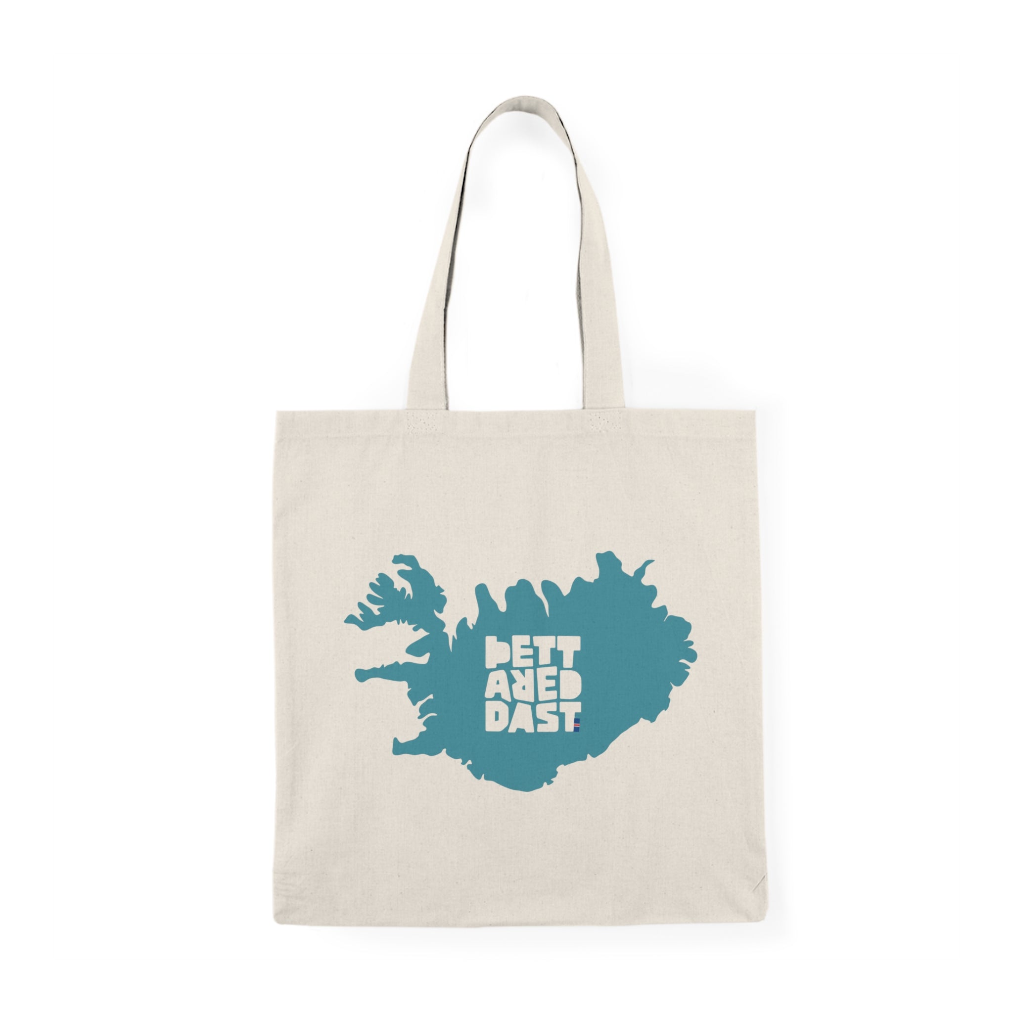 The Printify Natural Tote Bag features a blue Iceland silhouette with "ÞETTA REDDAST" text on beige cotton—offering a stylish, sustainable choice for daily use.
