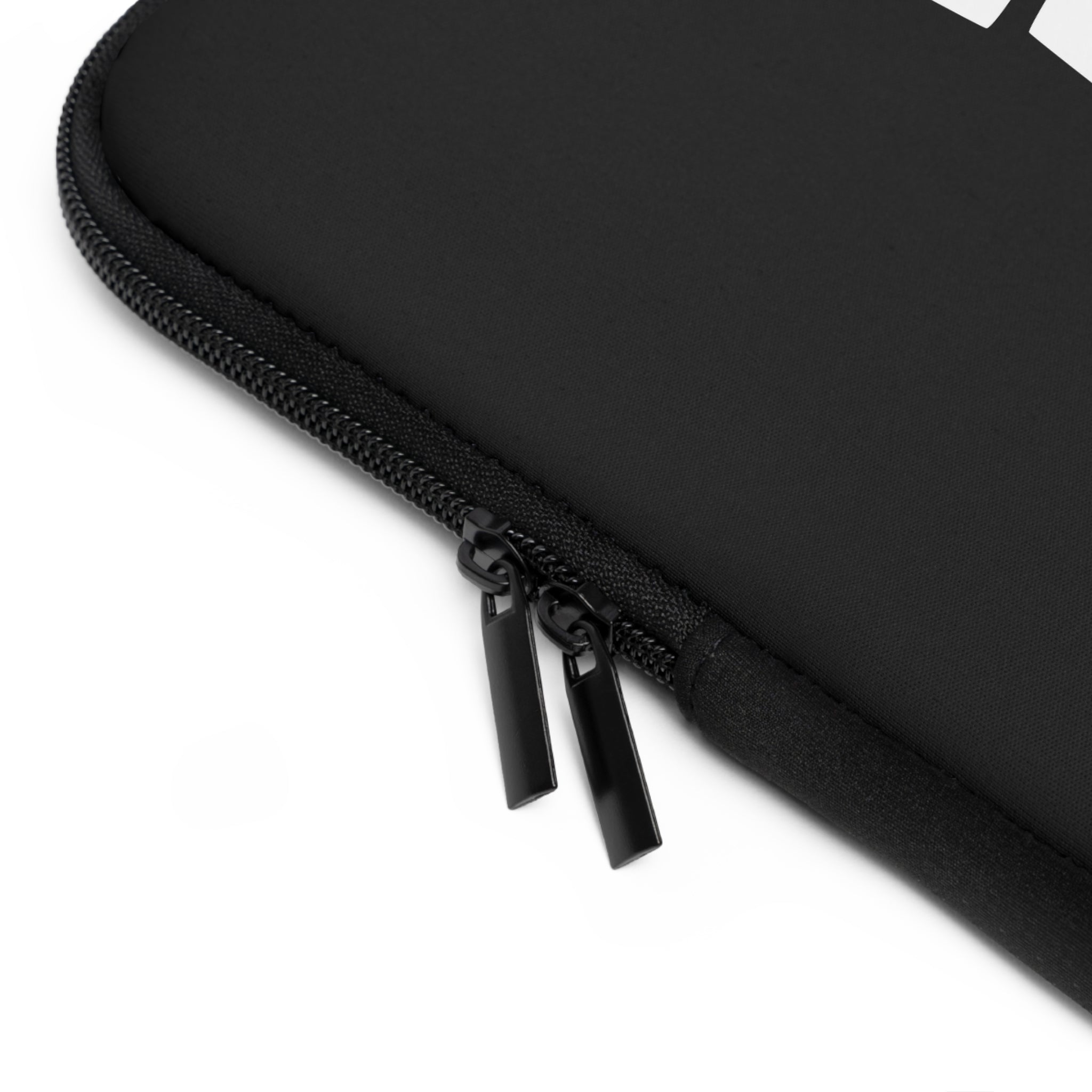 Close-up of the Printify "Copy of Copy of Laptop Sleeve," a black water-resistant case featuring two metal zipper pulls.