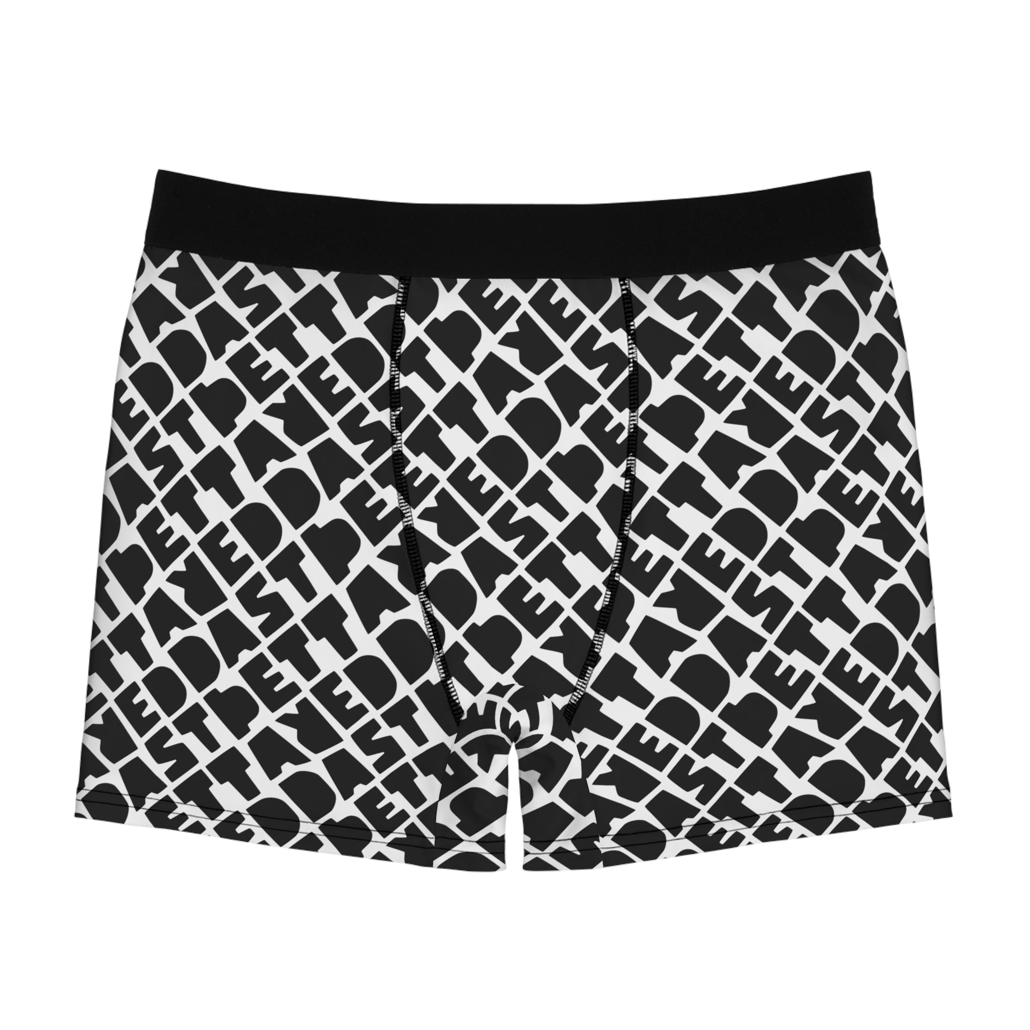 Printify Men's Boxer Briefs (AOP) in black and white feature an all-over diagonal "DEXTER" text pattern and a black waistband, offering stylish comfort for everyday wear.