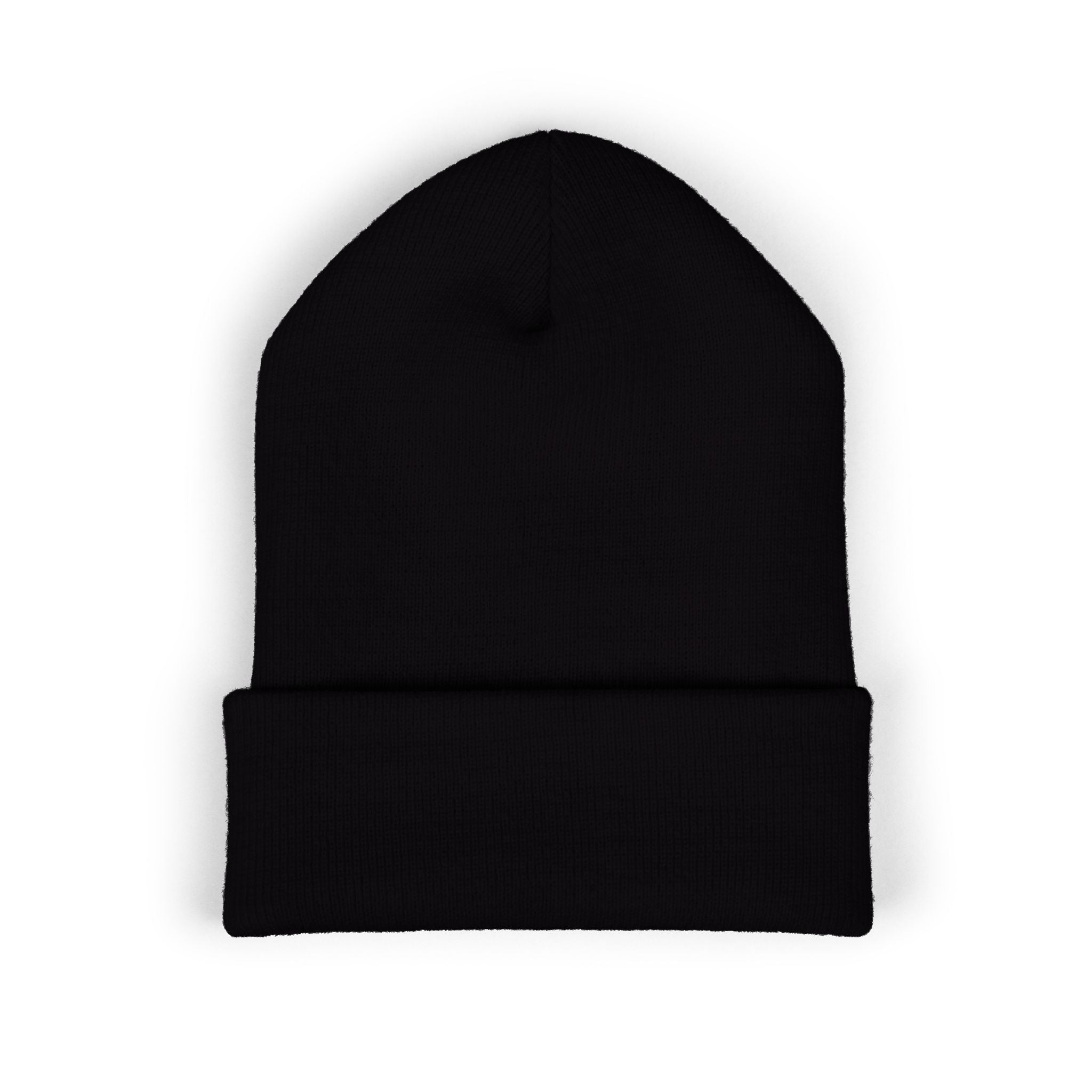 The Printify Embroidered Cuffed Beanie is a black knit hat with a folded brim and subtle 'Pet Area Baby' text, made from hypoallergenic acrylic and shown against a white background.
