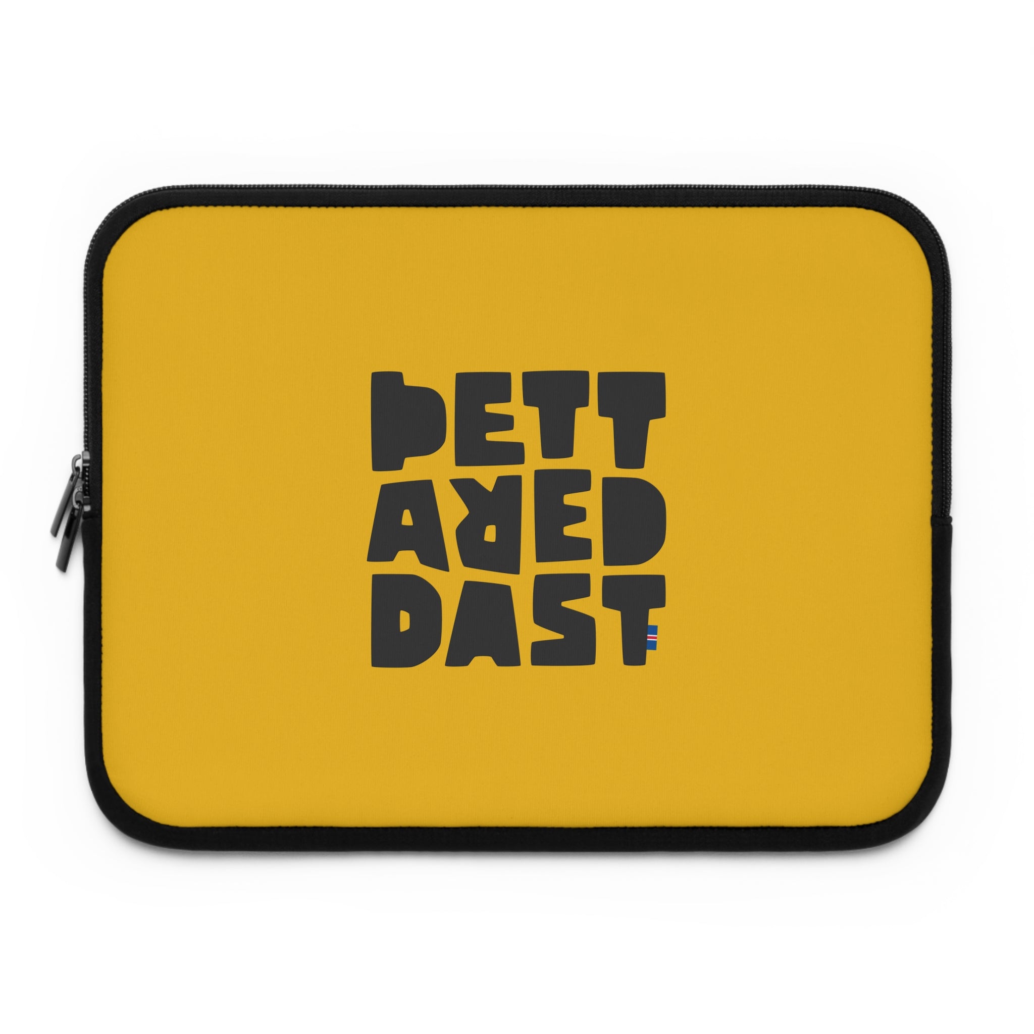 The Copy of Laptop Sleeve by Printify is a yellow, water-resistant case featuring bold black blocky text "BETTER DEAD PAST" in the center—ideal for those seeking a unique and protective laptop accessory.