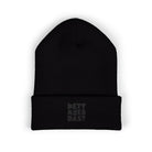 The Printify Beanie Embroidered in black features subtle dark "LET IT AD DAST" front embroidery and is made from hypoallergenic acrylic for comfortable daily wear.