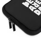 Close-up of the Printify Laptop Sleeve Black, a water-resistant pouch with dual zipper pulls and partial white block lettering—ideal for personalizing your laptop sleeve.