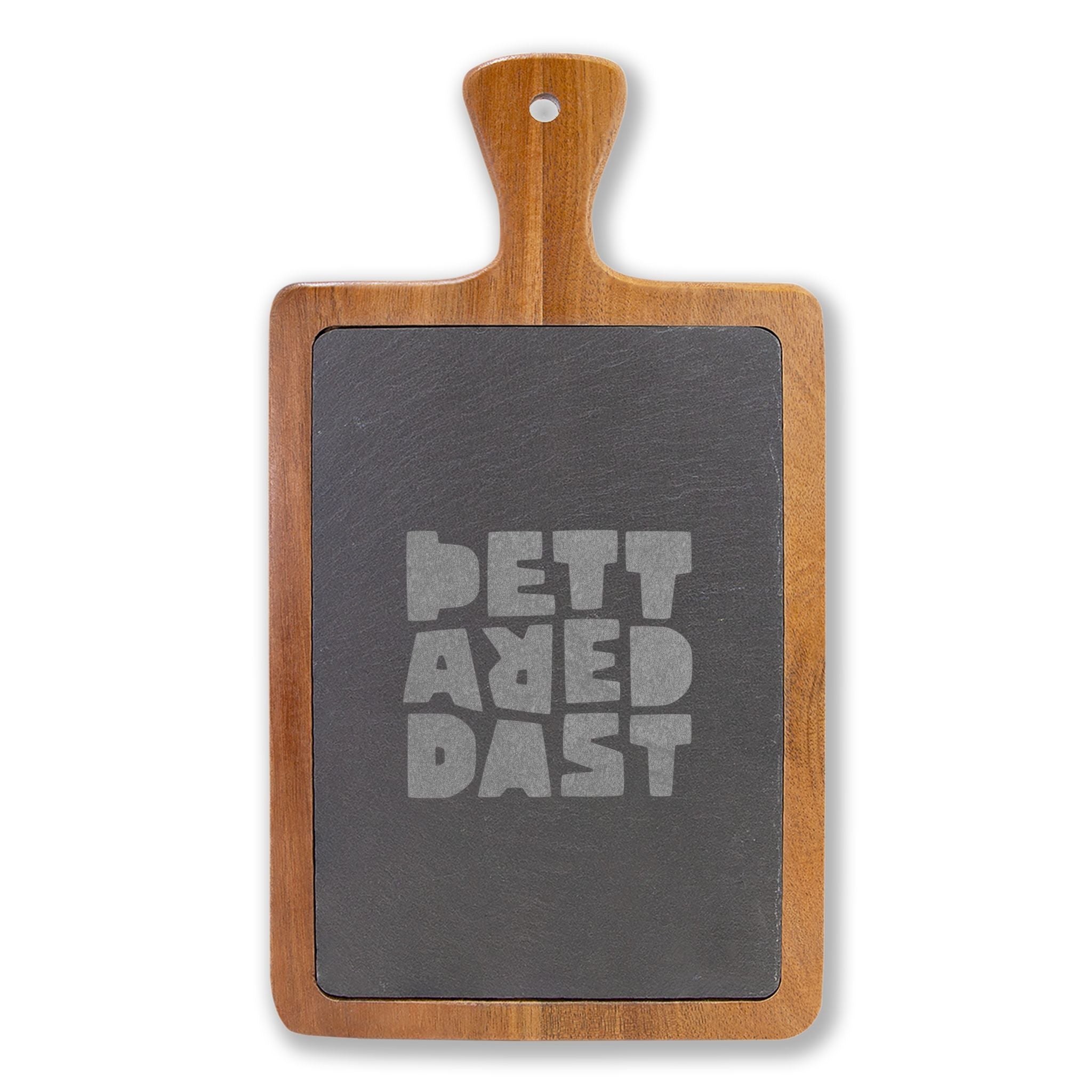 The Printify Charcuterie Board (Engraving) is a wooden acacia board with a black slate center, engraved with "BETTERED BAST" in large, gray block letters.