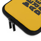 Close-up of the Printify Laptop Sleeve Yellow, featuring water-resistant material, black trim, and bold black text—perfect for customizable laptop protection.