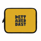 The Printify Laptop Sleeve Yellow features a black zipper and bold abstract "BETTARED DAST" text in black at the center. Water resistant for added protection. Color: Black.