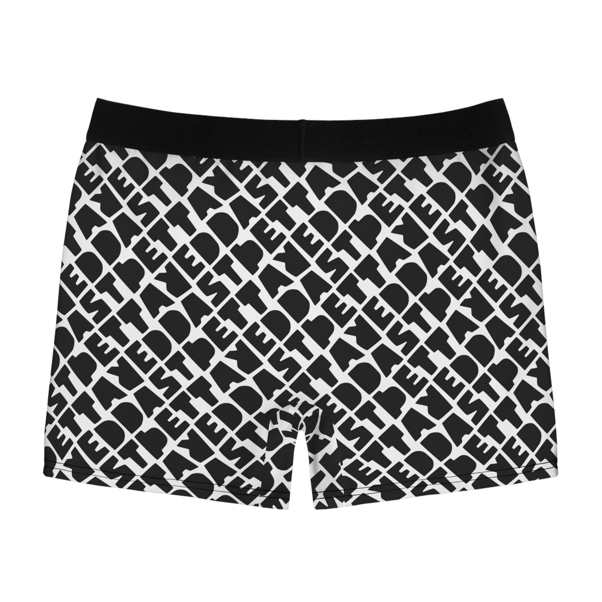 Printify Men's Boxer Briefs (AOP) in black and white, featuring a lightweight design with a bold diagonal "PRIDE" pattern in uppercase letters.