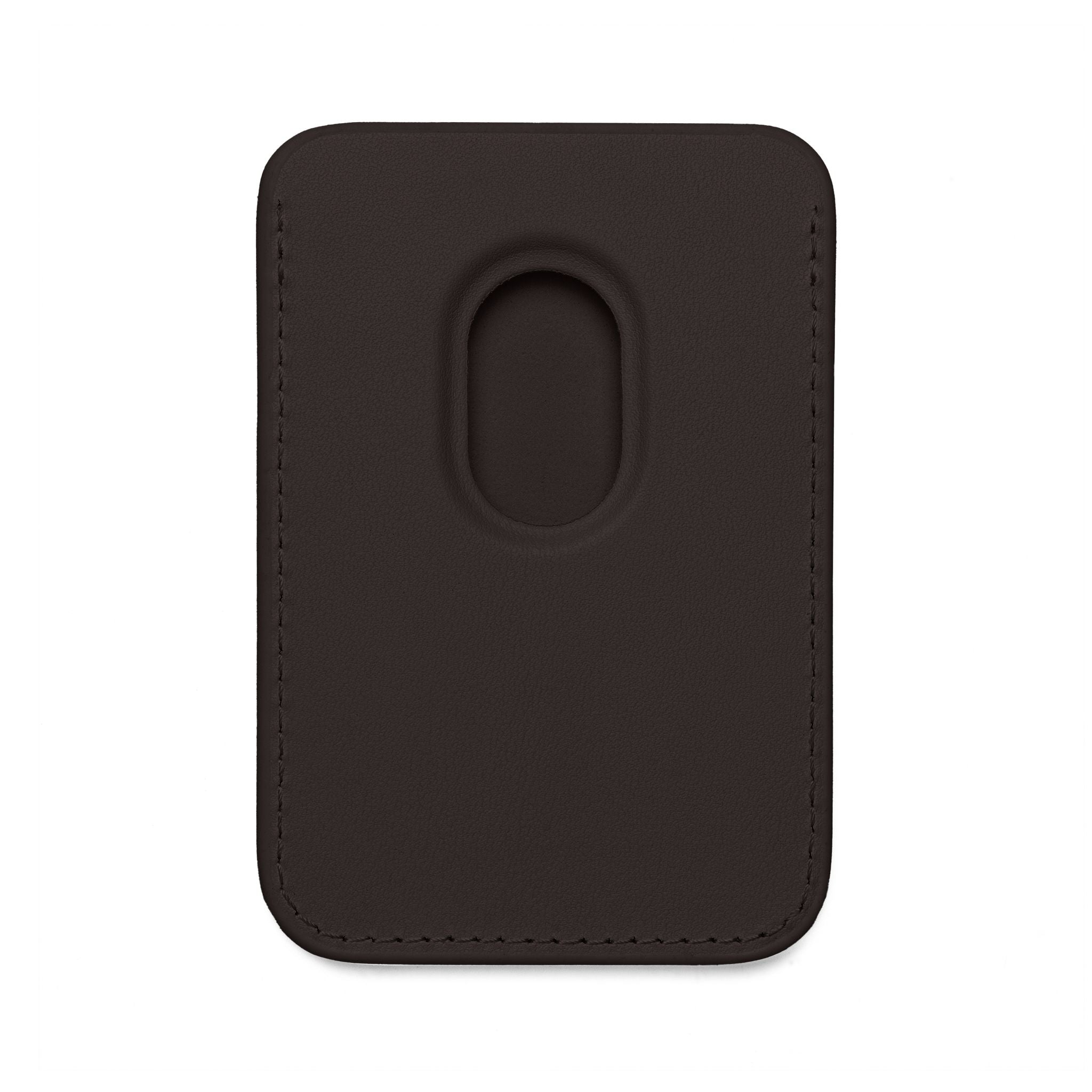 The Printify Card Holder is a slim, brown rectangular accessory made of vegan leather with rounded corners, visible stitching, and a central oval cutout.