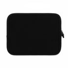A closed black Printify Laptop Sleeve, water-resistant, lies flat against a white background.