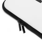 Close-up of the Printify Laptop Sleeve, featuring water-resistant white fabric, a black zipper, and two black zipper pulls.