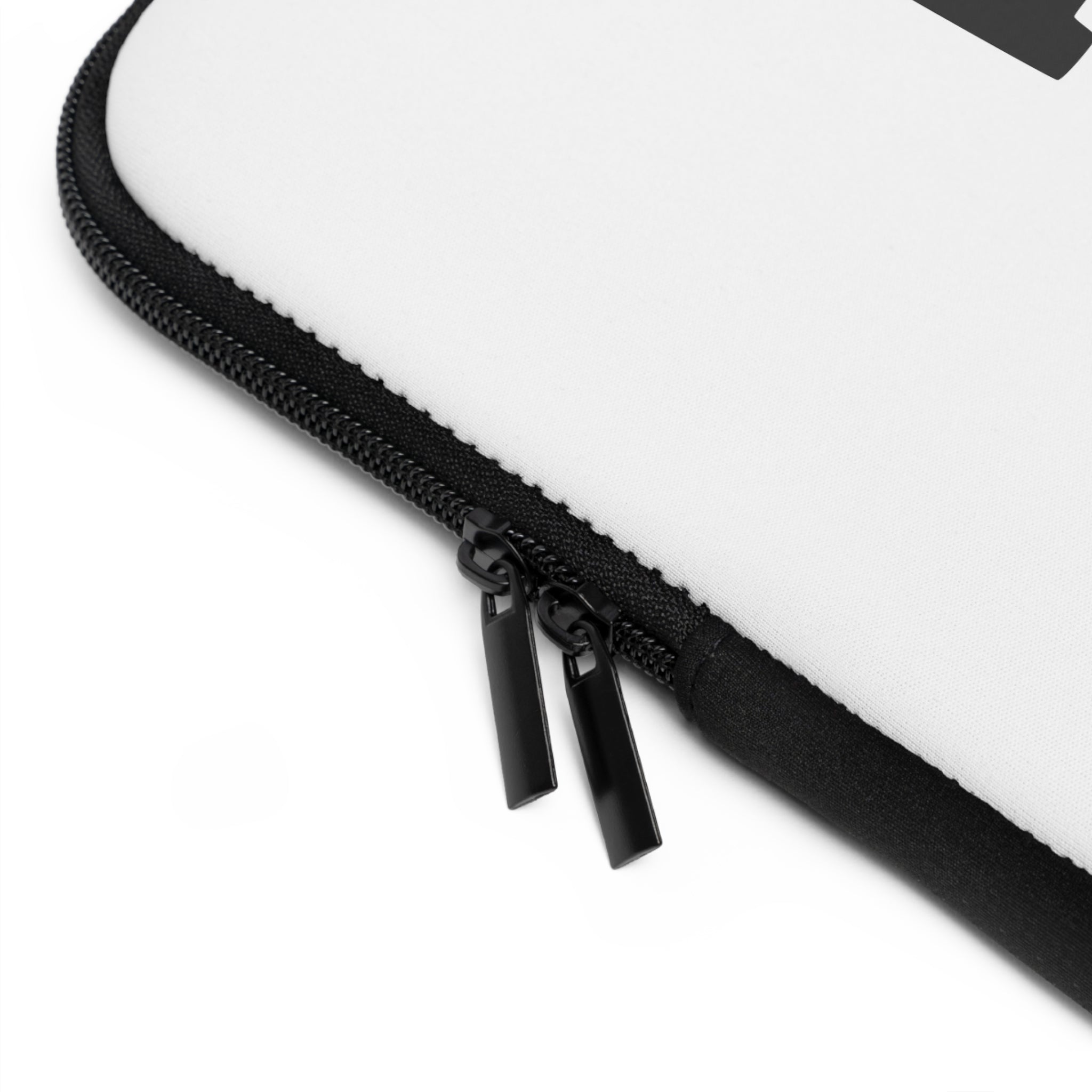 Close-up of the Printify Laptop Sleeve, featuring water-resistant white fabric, a black zipper, and two black zipper pulls.