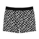 Printify Men's Boxer Briefs (AOP) in black and white feature an all-over diagonal "DEXTER" text pattern and a black waistband, offering stylish comfort for everyday wear.