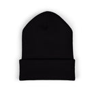 The Beanie Embroidered by Printify is a plain black cuffed hat with a folded brim, made from hypoallergenic acrylic, shown on a white background.