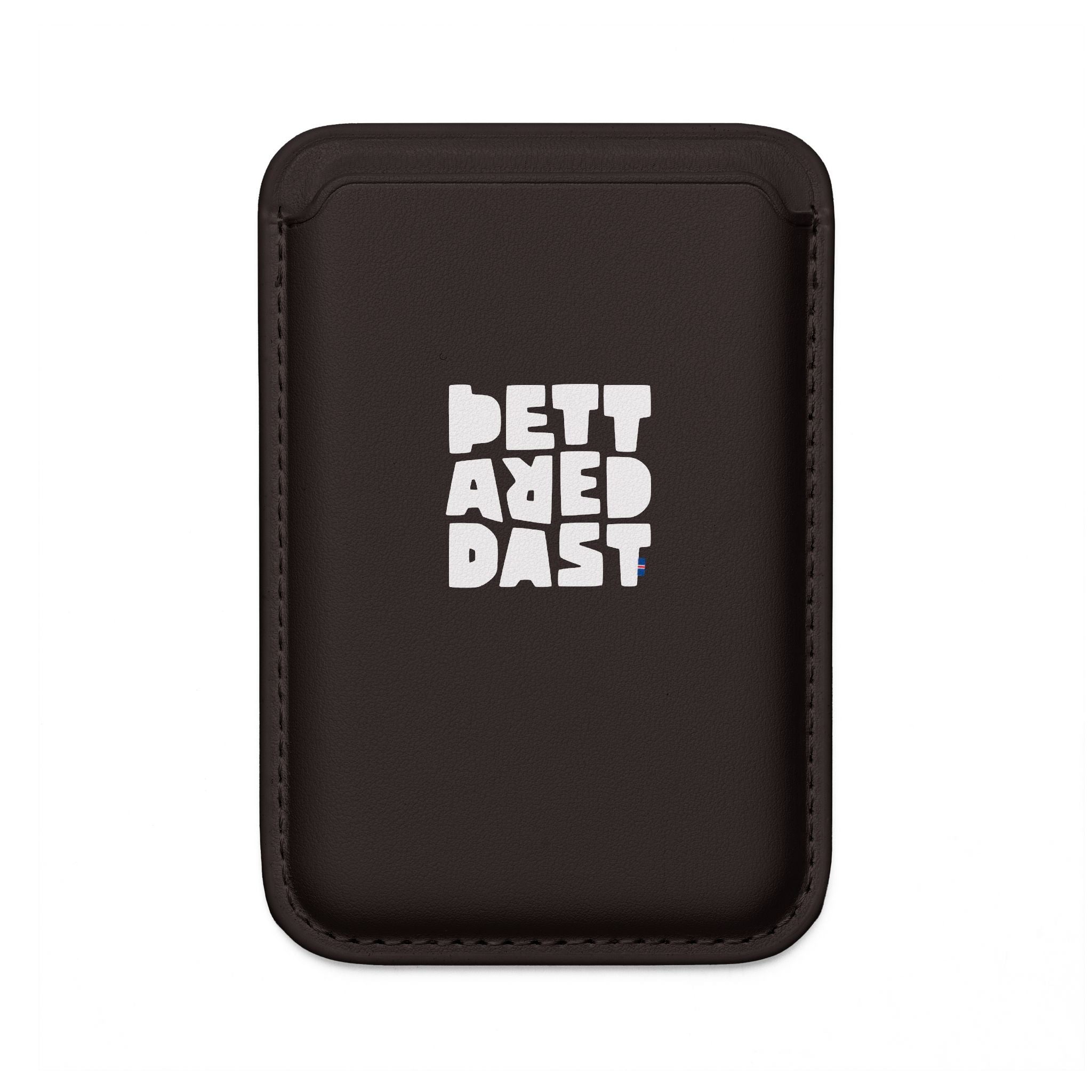 Printify’s black Card Holder features a slim design with rounded edges, crafted from vegan leather and adorned with “BETTERED PAST” in bold, white, stylized letters on the front.